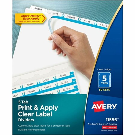 Avery Dennison Avery, PRINT AND APPLY INDEX MAKER CLEAR LABEL DIVIDERS, 5 WHITE TABS, LETTER, 50 Pieces 11556