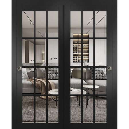 Sartodoors Sliding Closet Bypass Doors, Felicia 3355 Matte Black with Clear Glass, Sturdy Rails Moldings Trim FELICIA3355DBD-BLK-7284