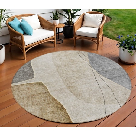Homeroots 8' Taupe Beige And Gray Round Abstract Washable Indoor Outdoor Area Rug 582040