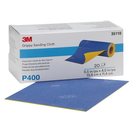 3M Grippy Sanding Cloth, P400 Grade, 5.5 in x 4.5 in, 20 Sheets/Roll, 4PK 35110