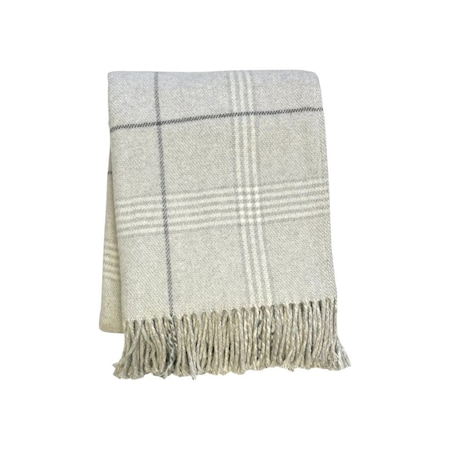 Homeroots 50" X 67" Sand And White Cotton Blend Woven Plaid Throw Blanket with Fringe 633072