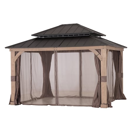 Sunjoy CON HILL 10FT X 12FT HARDTOP WOOD GAZEBO WITH CURTAIN AND NETTING A1020131A0