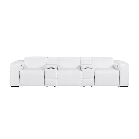 Homeroots 130" White Top Grain Leather Reclining Metal USB Sofa 720398