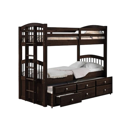 Homeroots Espresso Twin Over Twin Solid Wood Bunk Bed With Trundle And Storage 285935