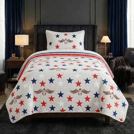 Lavish Home 2-Piece Twin Quilt Set Twin Bedspread and Pillow Sham with Patriotic Star Pattern, Stars/Stripes 66-002-PRT-ST