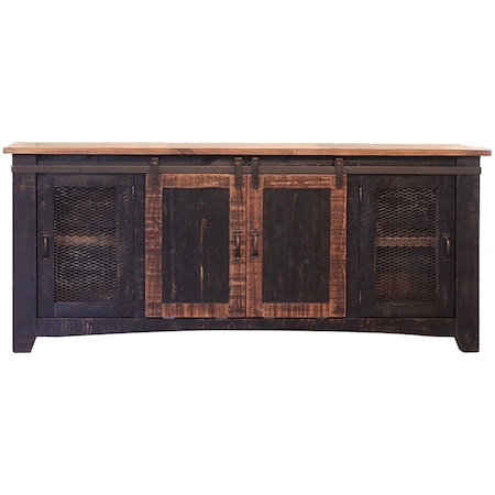 Homeroots 70" Black Solid Wood Cabinet Enclosed Storage Distressed TV Stand 528710