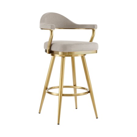 Armen Living Justin 30in Swivel Bar Stool with Gold Brushed Stainless Steel and Taupe Fabric LCJTBABGLTP30