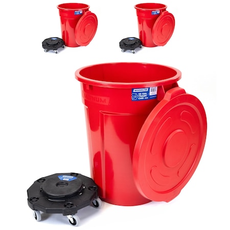 Magnum Tool Red 55 Gallon Trash Can Set (Trash Can, Quiet Dolly, and Reinforced Lid) (3 Set) CMTC-CLD0-55R03