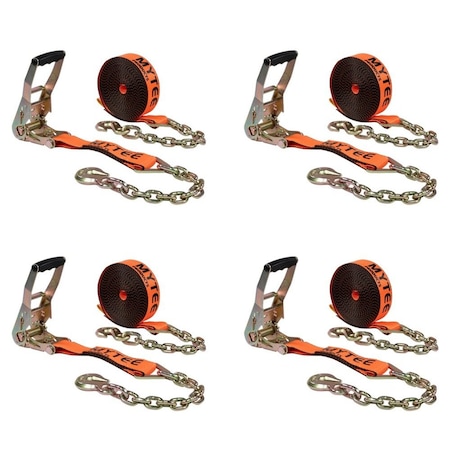 Mytee Products 2in x 30ft Orange Ratchet Strap with Chain Anchors - 4,000 WLL High Abrasion, 4PK RS230ACx4