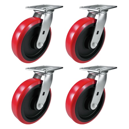 Hyw Products Heavy Duty Caster Set 8in Polyurethane on Plastic Wheels, 4 Swivel, 4PK 40-80S-A1-PU-4