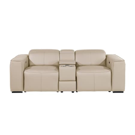 Homeroots 90in Cream and Brown Italian Leather Power Reclining Loveseat With Storage 720552