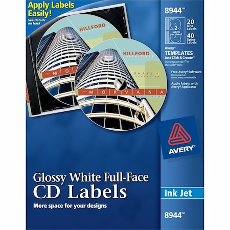 Avery Dennison Avery Inkjet Full-Face CD Labels, Glossy White, 20/Pack 8944