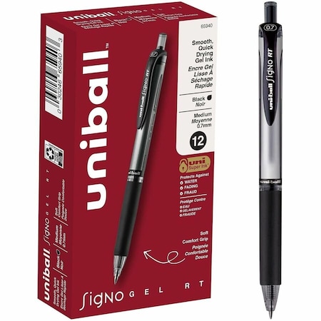 Uniball PEN, GEL, SIGNO, RT, .7MM, BK, 12PK 65940