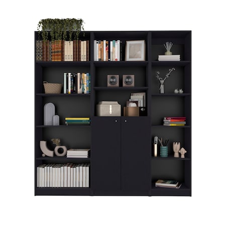 Homeroots Set of Three Black Five Tier Bookcase with Two Doors 546355