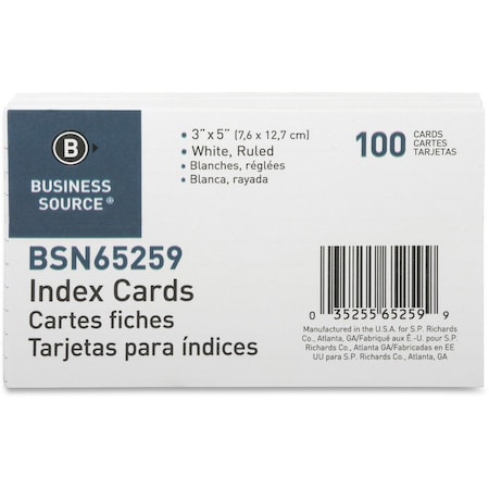 Business Source Index Cards, White, Ruled, PK100 BSN65259