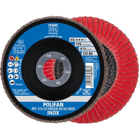 Pferd 4-1/2'' x 7/8'' A.H. POLIFAN Flap Disc - CO-FREEZE SG INOX, Ceramic oxide, 80 Grit, Conical 60812