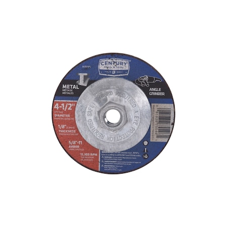 Century Drill & Tool Metal Grinding Wheel, Type 27, 4-1/2 in Dia, 1/8 in Thick, 5/8 in-11 Arbor Hole Size, A24R Series 75546