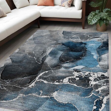Homeroots 5' X 8' Ivory Blue and Gray Abstract Washable Non Skid Indoor Outdoor Area Rug 559428