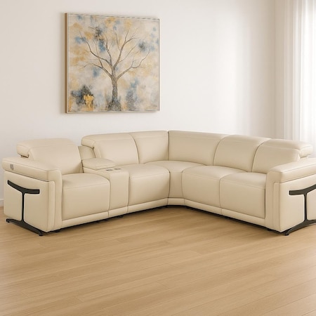 Homeroots Beige Italian Leather Modular L Shaped Six Piece Corner Sectional With Console 534847