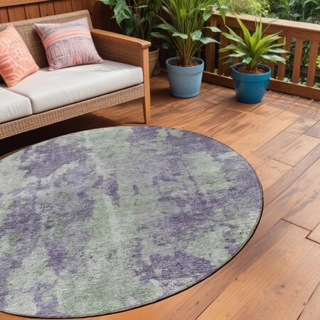 Homeroots 8' Purple And Green Round Abstract Washable Indoor Outdoor Area Rug 564283