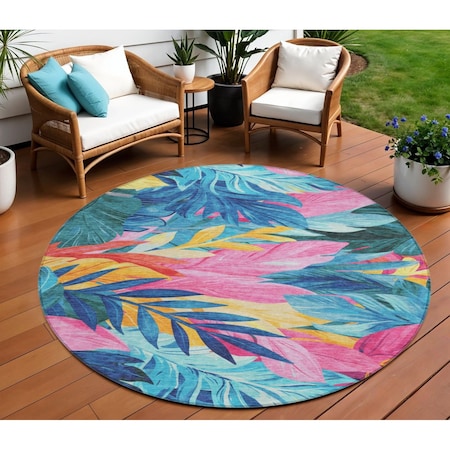 Homeroots 8' Sky Blue And Pink Round Floral Washable Indoor Outdoor Area Rug 611128