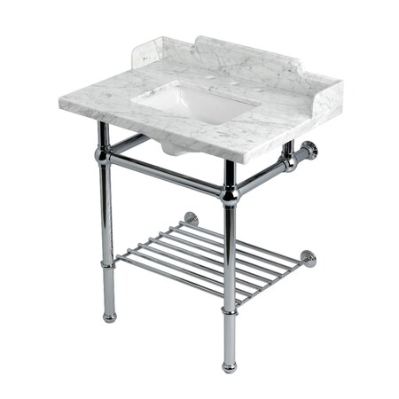 Kingston Brass 30-Inch Carrara Marble Console Sink with Brass Legs and Shelf, 8-Inch, 3-Hole LMS30MBSQB1
