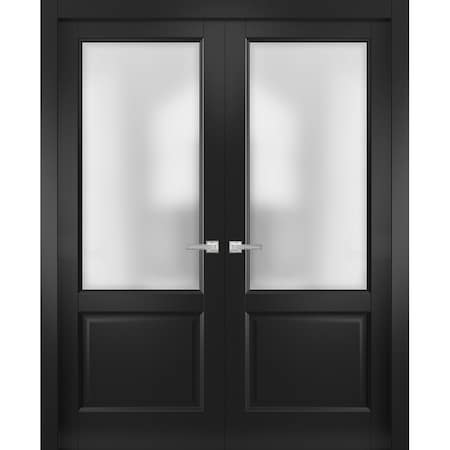 Sartodoors Solid Interior French Double Doors 72 x 84 inches, Lucia 22 Matte Black with Rain Glass, Wood Soli LUCIA22DD-BLK-7284