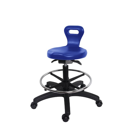 Blue Ridge Ergonomics Poly Serpent Sit-Stand Stool - Medium Bench Height with Chrome Foot Ring & Casters in Blue Poly PSPMBSO-RG-CF-RC-BLU