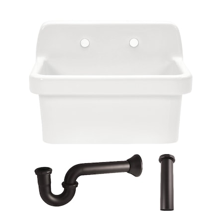 Kingston Brass 24" Ceramic Single Bowl Wall Mount Kitchen Sink with Strainer, White/Oil Rubbed Bronze KGPKWS2419175