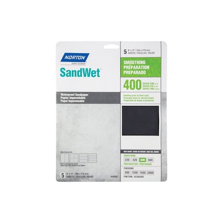 Norton Sanding Sheet, 9 in L, 11 in W, 400 Grit, Super Fine, Aluminum Oxide Abrasive Gray, 5PK 7660748060