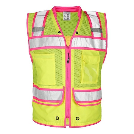 Kishigo Surveyor Vest, Polyester, Zipper Closure, 2 Outside Pockets, 2, Lime/Pink, Size S S5046-S