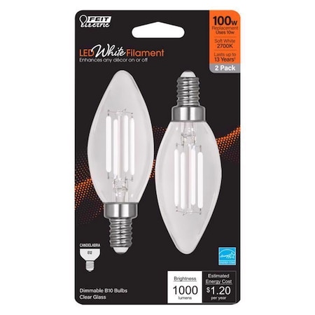 Feit Electric White B10 E12 (Candelabra) Filament LED Bulb Soft White 100 Watt Equivalence, 2PK BPCTC100927WFL2