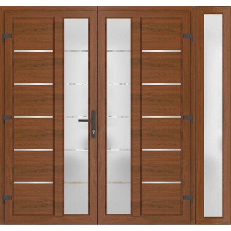 Vdomdoors Front Exterior Prehung Metal-Plastic Double Doors / MANUX 8088 Walnut / Sidelite Exterior Window / MANUX8088DEXD-WLN-RH-W72+14xH80