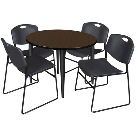 Regency Round Kahlo Breakroom Table W/ 4 Zeng Stack Chairs, 36 in W, 36 in L, Neo Walnut TPL36RNDNWBK44BK