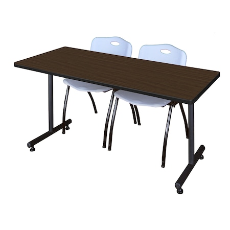 Regency Kobe T-Base Training Seminar Table W/ 2 M Stack Chairs, 72 in W, 30 in L, Neo Walnut MKTRCT7230NW47GY