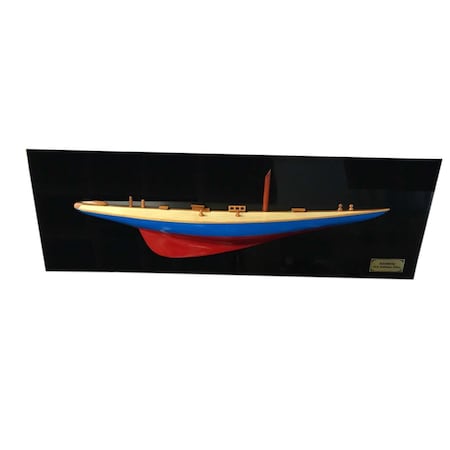 Homeroots 12" Blue and Red Solid Wood Hand Painted Rainbow Half-Hull Model Boat 401898