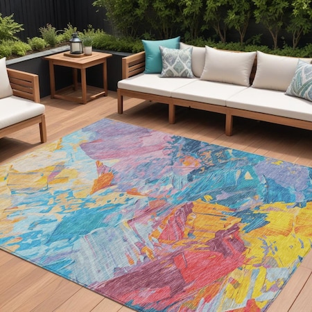 Homeroots 9' X 12' Blue Yellow Pink And Orange Abstract Washable Indoor Outdoor Area Rug 618536