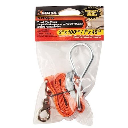 Keeper Trunk Tie-Down, 1 in W, 3 ft L, Orange, 100 lb, Looped Hook, Snap Hook End Fitting 85110
