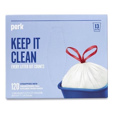 Perk Drawstring Tall Kitchen Trash Bags, 13 gal, 28in x 24in, White, 120PK PK56750