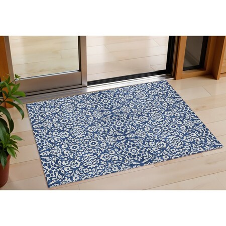 Homeroots 3' X 5' Navy Blue And Ivory Damask Washable Indoor Outdoor Area Rug 595169