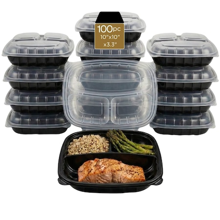Eco Harmony Products Food Storage Container, Hinged, Vented Lid, Plastic, 3 compartments, 10" x10", 100PK 804619