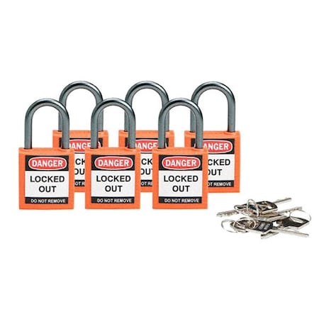 Brady Lockout Padlock, Keyed Different, Nylon, Orange, 1 in Shackle Height, 1 3/16 in Body Width, 6 PK 118928