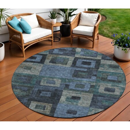Homeroots 8' Blue Gray And Charcoal Round Geometric Washable Indoor Outdoor Area Rug 605021