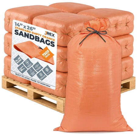 Jrex Safety Woven Orange Polypropylene Sandbags - 14 x 26 in, 50 lb Capacity, Half Pallet (7,500) SBO-JR-1426-HP7500