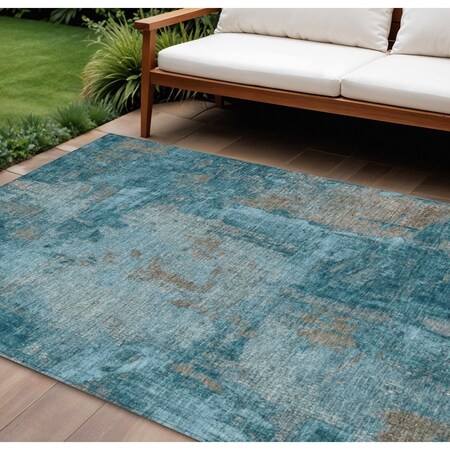 Homeroots 9' X 12' Teal Blue And Gray Abstract Washable Indoor Outdoor Area Rug 596894