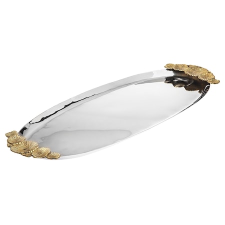 Homeroots 20in Silver And Gold Oval Stainless Steel Handmade Serving Tray With Handles 517533