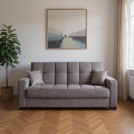 Homeroots 87" Gray Microfiber Convertible Futon Sleeper Sofa And Toss Pillows With Storage 607084