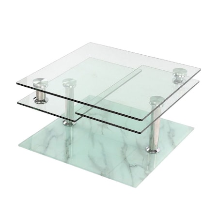 Homeroots 32" Clear and White Faux Marble Glass and Metal Coffee Table With Three Shelves 554305