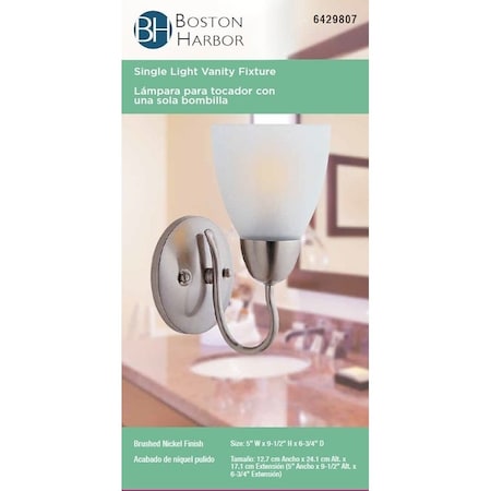 Boston Harbor Single Light Vanity Fixture, 120 V, 60 W, A19 or CFL Lamp, Steel Fixture, Brushed Nickel Fixture A2242-73L