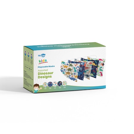 Wecare Kids Disposable Face Mask, 3, Assorted Dinosaur Print, Kids, 50 PK WMN100128